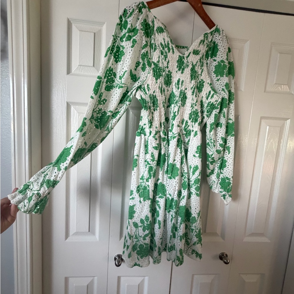 Rachel Parcell White Dress with Green Floral Print Long Sleeve